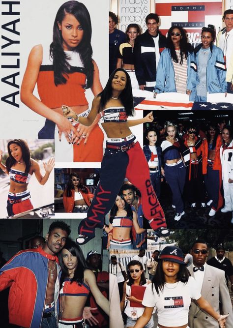 90s Aaliyah Fashion, Tommy Hilfiger Outfits 90s, Xscape Group The 90s Outfits, Aaliyah Tommy Hilfiger Outfit, Aliyah Tommy Hilfiger, 90s R B Outfit, 90s Fashion Aliyah, 80s R&b Fashion, Aaliyah Style 90s Tommy Hilfiger