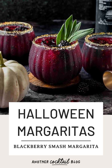 Looking for a Halloween margarita recipe? This unique blackberry margarita smash is made with smoky mezcal mixed with sweet blackberries, tart pomegranate juice and a subtle hint of earthy sage. These dark and moody cocktails are perfect for spooky season. Garnish with fresh sage before serving. Blackberry Margarita, Halloween Party Drinks, Seasonal Drinks, Boozy Drinks, Halloween Cocktails, Fancy Drinks, Mixed Drinks Recipes, Halloween Dinner, Cocktail Drinks Recipes