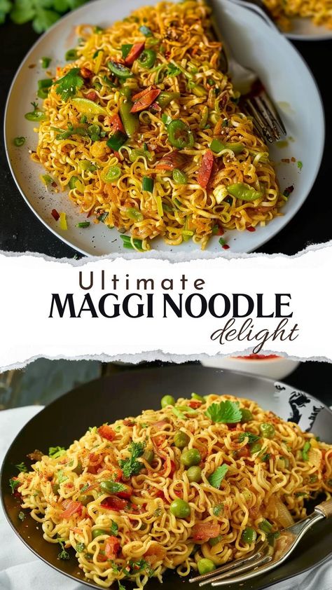 Ultimate Maggi Noodle Delight Ingredients: 2 packs of Maggi noodles 4 eggs 1 onion, finely chopped 1 tomato, finely chopped 1 green chili, finely chopped (optional) Salt to taste Black pepper powder to taste 2 Minute Noodle Recipes, Maggi Noodles, One Pot Wonders, 15 Minute Meals, Green Chili, Pepper Powder, Fast Food Restaurant, Noodle Recipes, International Recipes