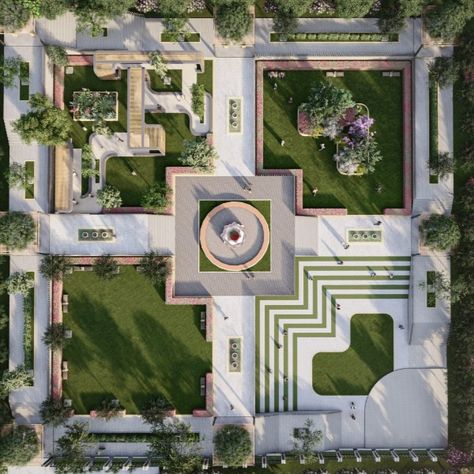 The garden is divided into four quadrants, each featuring a symmetrical layout with geometrically shaped flowerbeds and lush green lawns. The pathways that connect the quadrants are designed as stepping gardens, elevated slightly above the ground level and adorned with carefully placed stepping stones.