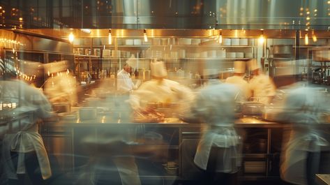 Create a slow shutter speed motion blurred color photo of a diverse group of chefs cooking in a clean beautiful large restaurant kitchen --v 6 Restaurant Film Photography, Restaurant Kitchen Aesthetic, Dumpling Restaurant, Slow Shutter Speed Photography, Motion Blur Photography, Shutter Speed Photography, Person Photography, Hotel Photography, Restaurant Pictures