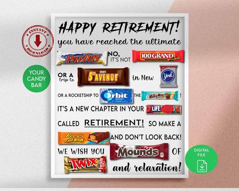 This Banners & Signs item by BlubberArt has 30 favorites from Etsy shoppers. Ships from United States. Listed on Jul 12, 2024 Candy Bar Retirement Poster, Retirement Candy Card, Retirement Chocolate Bar Poster, Retirement Candy Bar Ideas, Retirement Candy Poster, Retirement Board Ideas, Retirement Candy Boards, Retirement Poster Ideas, Retirement Candy Bar Poster