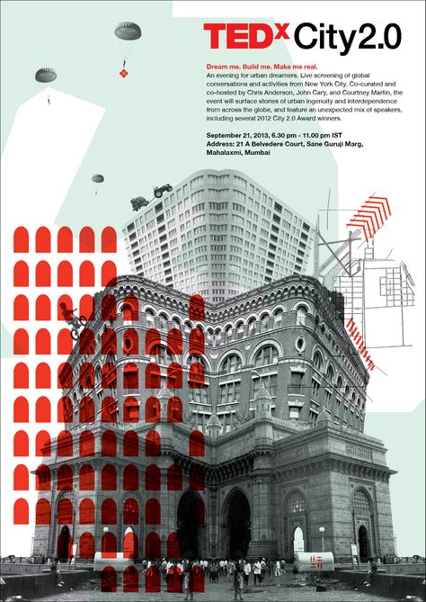 Poster by TEDxMahalaxmi Deconstructivism Poster, Building Poster Design Graphics, Architecture Event Poster, Graphic Design Course Poster, Architectural Graphic Design, Building Poster Design, University Poster Design, Urban Design Poster, Architecture Poster Design