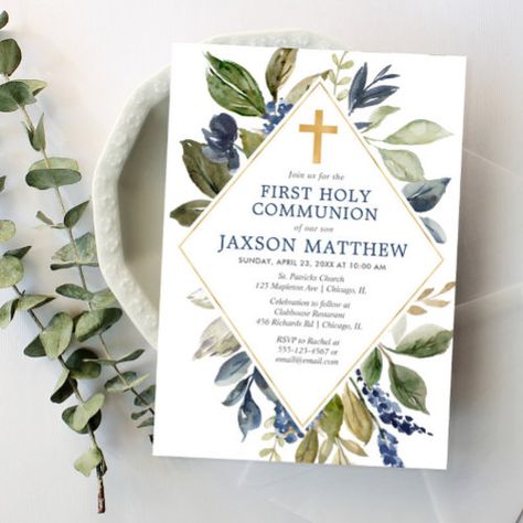 $2.95 | Blue green foliage boy first holy communion #navy blue, floral watercolors, summer spring, boho bohemian, elegant, blue green foliage, blue green gold, boy first holy communion, boy 1st holy communion, greenery Boy Communion Cake, Communion Invitations Boy, Bridal Shower Brunch Invitations, First Communion Cakes, Boys First Communion, Photo Guest Book Wedding, First Communion Decorations, Communion Decorations, Rustic Baby Shower Invitations