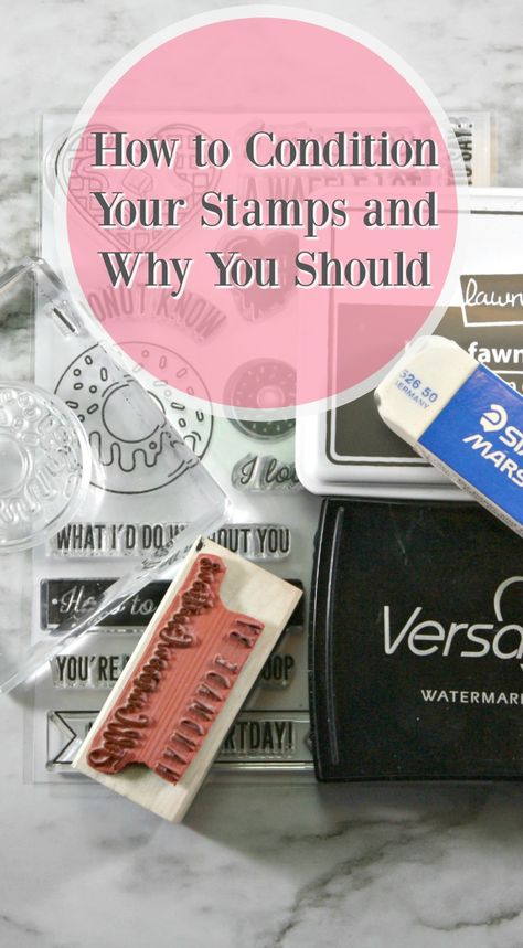 When I first started stamping I could never get a clear image with brand new stamps.  I used quality paper and quality ink. What was the problem? I was informed by a stamping friend “You need to condition your stamps before using them.”  Huh? Brand spanking new photopolymer stamps and red rubber stamps have super clean stamping surfaces.  Ink doesn’t want to stick to the surface of the stamp. There are several ways to condition your stamps to make sure you get the best image possible. How To Use Rubber Stamps, Clear Stamps How To Use, How To Clean Rubber Stamps, How To Use Clear Stamps, Rubber Stamp Projects, Make Your Own Stamp, Rubber Stamping Techniques, Card Making Tools, Eraser Stamp