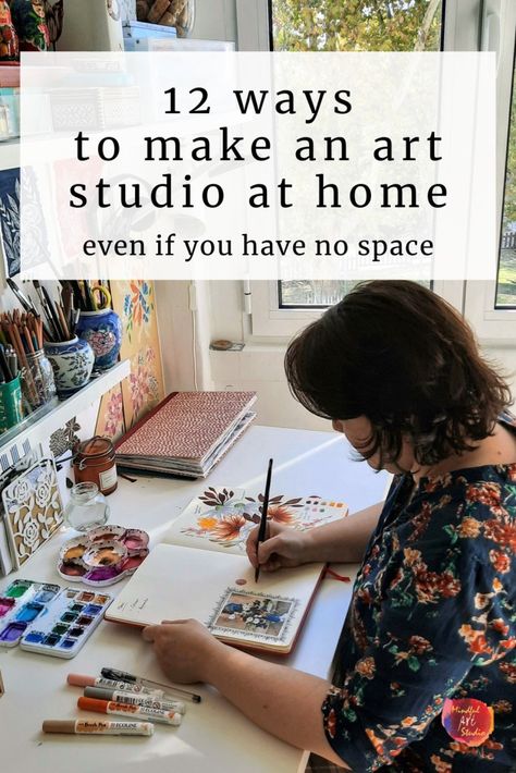 Art Studio And Bedroom Combo, Artist Studio At Home, Artist Home Interior Design, Art Studio Storage Diy, Artist Studio Small Space, Art Station Ideas For Adults, Small Space Art Storage, Home Creative Space, Hygge Art Studio