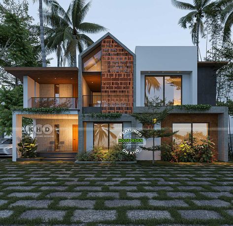 Modern home with mixed roof design - Unique Charms Kerala Exterior Design, Modern House Elevation Architecture, Kerala Architecture Exterior, Modern Kerala House, Contemporary House Exterior Kerala, Modern Traditional Home Exterior, Tropical Modern House, Modern Roof Design, Slope Roof