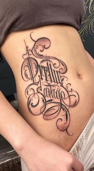 Big Lettering Tattoo, Unique Lettering Tattoo, Large Script Tattoo, Script Lettering Tattoo Calligraphy, Locals Only Tattoo, Chicana Tattoos For Women Lettering, Different Tattoo Lettering Styles, Names On Ribs Tattoo, Lettering Tattoos For Women