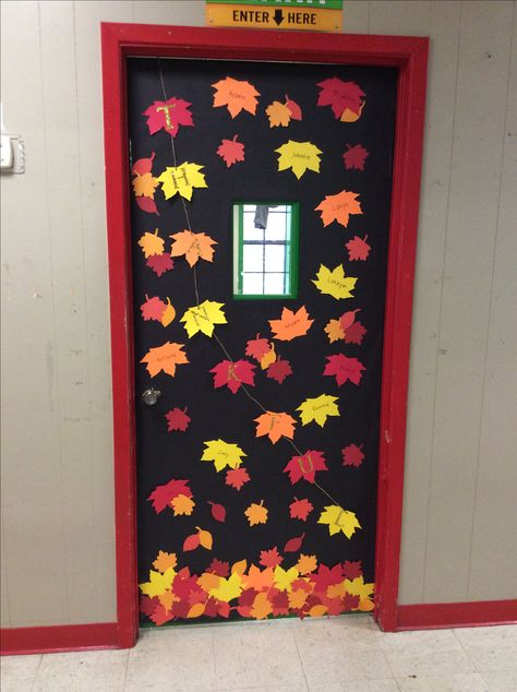 Fall door decoration Pre K Fall Door Ideas, Leaf Door Decorations Classroom, Fall Classroom Decorations High School, Easy Fall Door Decorations Classroom, November Door Decorations Classroom, Fall Classroom Door Decorations, Daycare Door Ideas, Fall Door Decorations Classroom, Preschool Door Decorations