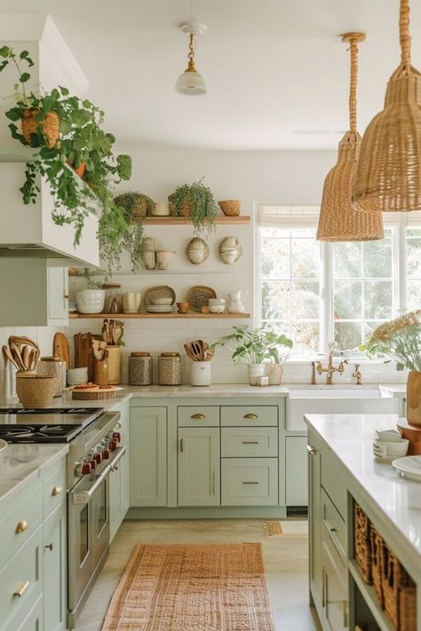 Green Kitchen Cabinet, Kitchen Cabinet Inspiration, Cabinet Inspiration, Kitchen Island Cabinets, Cute Living Room, Sage Green Kitchen, Boho Chic Living Room, Green Kitchen Cabinets, Kitchen Island Decor