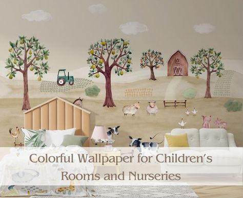 Colorful Wallpaper: Brighten Up Your Kids' Rooms & Nurseries Farm Mural, Stick Wall Art, Kids Room Murals, The Barnyard, Kids Room Wallpaper, Top Background, Cover Background, Nursery Wallpaper, Country Charm