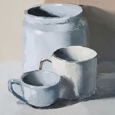 Impressionist still life oil painting of a white container and two white mugs against a white background. White Still Life Painting, Still Life Painting Ideas, Still Life Art Painting, White Still Life, White Objects, Impressionist Still Life, White Oil Painting, Acrylic Still Life, White Container