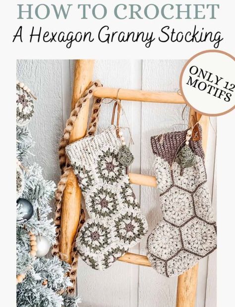 Crochet a Granny Hexagon Stocking Crochet Stocking Pattern Free, Crochet Stocking Pattern, Granny Square Stocking, Granny Stockings, Stocking Pattern Free, Granny Hexagon, Hexagon Crochet Pattern, Crochet Stocking, Crochet Christmas Stocking