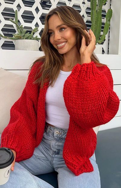 Cute Comfy Fall Outfits, Red Knit Cardigan, Basic Crop Top, Jeans Claro, International Clothing, Red Cardigan, Cardigan Outfits, Beginning Boutique, Bad Habits