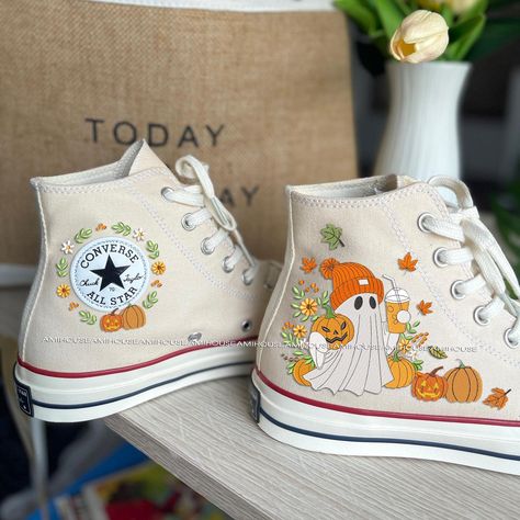 🌿 Love Embroidered Converse 🌿 ❤️ About Our Products: Each pair of shoes from our store is brand new and hand-embroidered to order. Please ensure you select the correct shoe size before checkout. The embroidery is durable and won't fade over time. ✨ Personal Expression: Showcase your unique style with custom embroidery! Contact me to create your own embroidered shoes with a private listing. I'll send you the design for approval before embroidering the shoes. Alternatively, you can design your p Shoes Inspo 2024, Cool Shoes Aesthetic, Halloween Converse, Cute Shoes For School, Converse Painted, Trendy Converse, Modern Shoe Storage, Space Shoes, Disney Converse