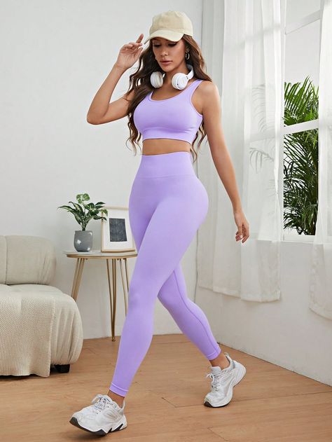 Mauve Purple  Collar Sleeveless  Plain Leggings Embellished High Stretch  Women Activewear Purple Leggings Outfit, Workout Sets Outfit, Workout Leggings Outfit, Plain Leggings, Fitness Aesthetic, Working Out Outfits, Leggings Outfits, Purple Collar, Fashion Forecasting