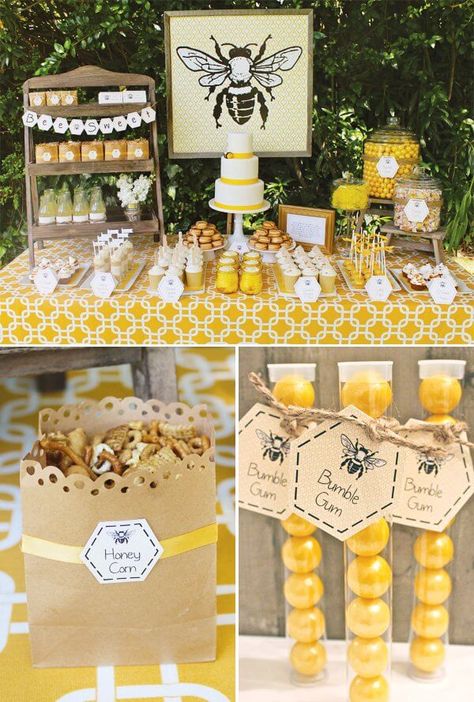 Bumble Bee Party, Baby Bumble Bee, Bumble Bee Birthday, Bee Theme Party, Chicken Tractors, Bee Birthday Party, Rain Barrels, Bee Baby Shower Theme, Party Dessert Table