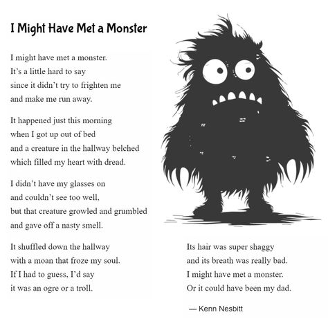 October Poems For Kids, Poems For Middle Schoolers, Easy Poems For Kids, Poems About Reading, Funny Kids Poems, Monster Poem, Halloween Poems For Kids, Funny Rhyming Poems, Children Poems