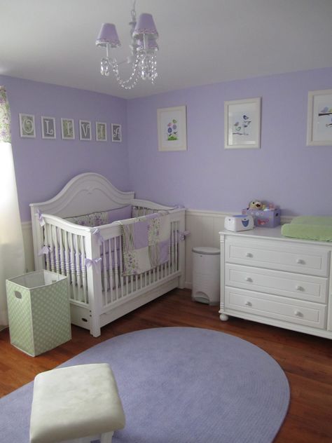 I had to repin since the name in the room is Olivia :). Also, it has the white bottom/purple on top paint Light Purple Nursery Lavender, Baby Girl Nursery Purple Lavender, Girly Nursery Ideas Purple, Baby Girl Nursery Purple And Grey, Lavender And Green Nursery, Lilac Nursery Ideas, Sage And Lavender Nursery, Light Purple Nursery Girl, Lilac Nursery Baby Girl