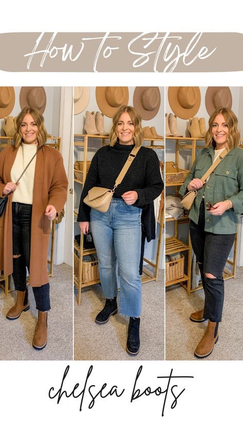 Casual Winter Outfits Chelsea Boots, Spring Chelsea Boot Outfit, Black Suede Chelsea Boots Outfit Women, Chelsea Brown Boots Outfit, Chelsie Boots Outfits Style, Brown Chelsea Boots Outfit Women Work, Chelsea Boots Outfit Midsize, Cognac Chelsea Boots Outfit, Dark Brown Chelsea Boots Outfit Women