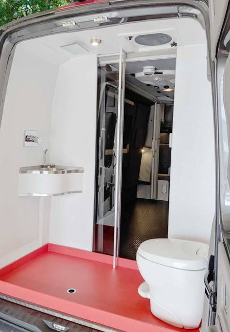 Bath area in the rear of van with shower and toilet. Van Life With Shower And Toilet, Van With Shower And Toilet, Motorhome Layout, Van With Bathroom, Omgebouwde Bus, Tiny Campers, Skoolie Conversion, Traveling Style, Travel Vans