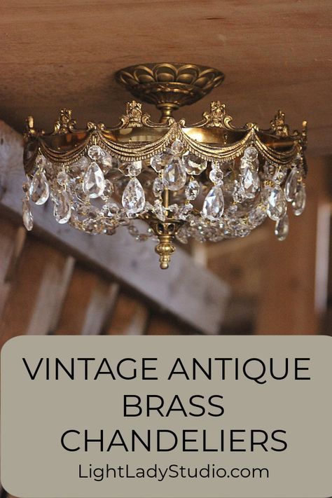 antique vintage flush mount brass chandelier Retro Chandeliers Vintage, Decorating With Chandeliers, Antique Brass Chandelier Vintage, Vintage Gold Light Fixtures, Antique Chandelier In Kitchen, Vintage Style Chandelier, Vintage Bathroom Chandelier, Bridgerton Chandelier, Brass And Crystal Chandelier