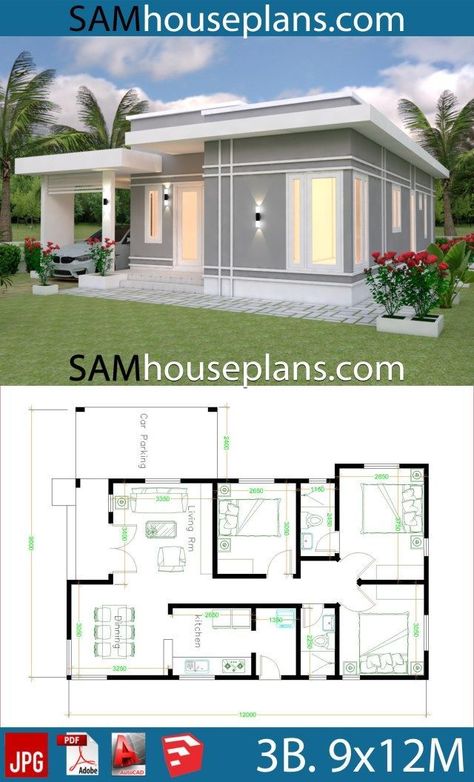 Images By Wichit On House Plans Fachada Exterior, Villa Architecture, Three Bedroom House Plan, Pelan Rumah, Affordable House Plans, 3d House Plans, Two Story House, Three Bedroom House, Modern Bungalow House