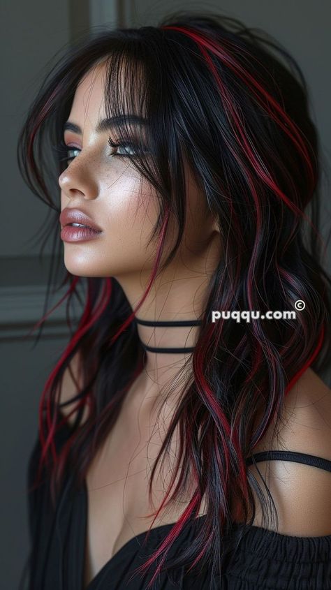 Black And Red Makeup Looks, Dark Brown And Red Hair, Edgy Long Haircuts, Halo Hair Colors, Black Hair With Red Highlights, Pretty Wigs, Diy Highlights, Edgy Vibes, Black Red Hair