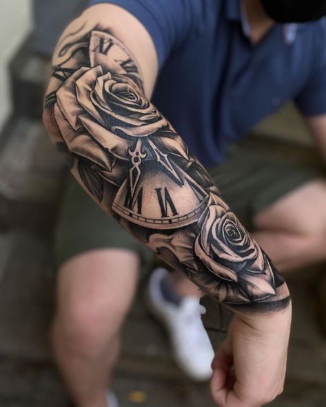 10.3k Likes, 60 Comments - Nino Vitellaro (@ninov.tattoo) on Instagram: “Last years effort 🌹 #ninovtattoo #rosetattoo #cb #collectorsbay #inked #tattoosleeve #art #luxury…” Clock Tattoo Sleeve, Cool Half Sleeve Tattoos, Rose Tattoo Sleeve, Rose Tattoos For Men, Men Tattoos Arm Sleeve, Forarm Tattoos, Cool Arm Tattoos, Wrist Tattoos For Guys, Forearm Sleeve Tattoos