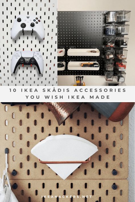 Ikea Uppspel Pegboard, Pegboard Tv Wall, Peg Board Nightstand, Uppspel Ikea Hack, Skådis Kitchen, Gaming Pegboard Ideas, Ikea Pegboard Ideas Gaming, Skadis Gaming Setup, Pegboard Charging Station