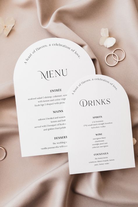 Elevate your wedding reception with our Arch Wedding Menu & Drinks Menu Templates. An instant download that's easy to personalize, it seamlessly blends elegance and practicality. Perfect for showcasing your wedding dinner and drink selections, it's a charming detail to add to your big day. | Edit all wording, font, font color, and the background color to match your event style. Wedding Menu Ideas Design, Wedding Dinner Menu Ideas, Drink Menu Design Ideas, Menu Design Ideas Templates, Drink Menu Wedding, Menus Design, Menu Cards Wedding, Wedding Menus Design, Wedding Drink Menu