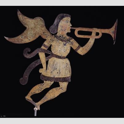 Archangel Gabriel Weathervane, artist unidentified, United States, c. 1840, paint on sheet metal, 35 × 32 1/2 × 1 1/4", Gift of Adele Earnest, 1963.1.1. Photo by John Parnell. American Folk Art Museum. Angel Theme, American Primitive, Tramp Art, Period Pieces, Archangel Gabriel, Primitive Art, Antique Folk Art, Weather Vanes, Christian Traditions