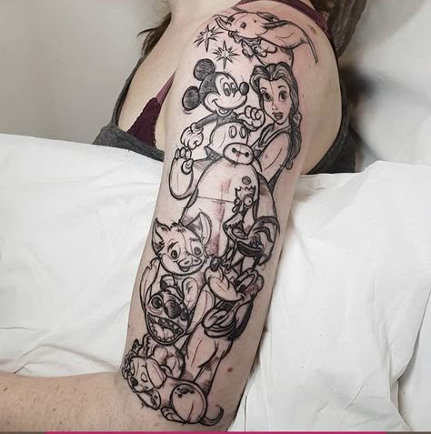 Disney Tattoo Tatuaje Harley Quinn, Disney Stitch Tattoo, Disney Inspired Tattoos, Disney Tattoos Small, Disney Sleeve Tattoos, Disney Sleeve, Tattoos Black, Stitch Tattoo, Feminine Tattoo Sleeves