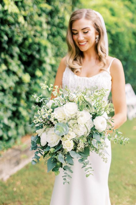 White And Green Fall Wedding, Wedding Flowers With Lots Of Greenery, Wedding Flowers For Sage Green Theme, Sage Green And White Flowers, Green White Gold Bouquet, Sage Green And Gold Wedding Flowers, Sage Green White And Gold Wedding Flowers, Sage Green White Gold Wedding, Medium Wedding Bouquet