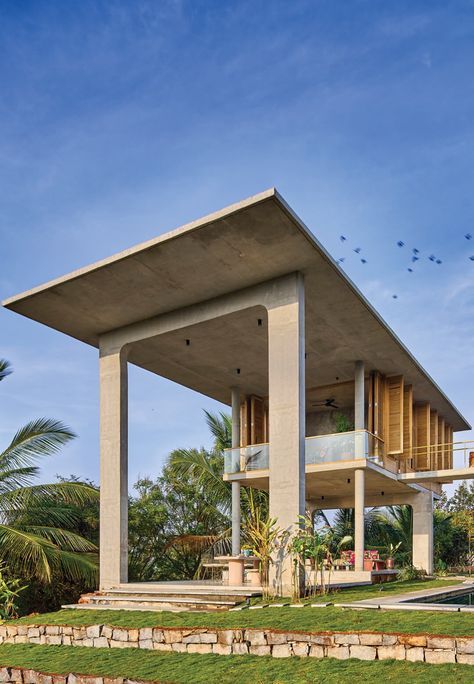 Ksaraah by Taliesyn is an ever-morphing exhibit of its concrete volumes and voids Concrete Houses, Modern Small House Design, Concrete Architecture, House On Stilts, Concrete House, Tropical House, Village House Design, Tiny House Cabin, Village Houses