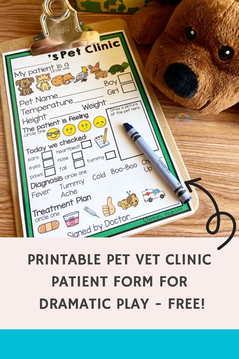 This Dramatic Play Pet Vet Clinic Patient Form is the perfect to add to your pet vet center! Hop over and grab it now for FREE! Vet Clinic Play Center, Pretend Play Vet Clinic Free Printables, Pet Clinic Dramatic Play, Dramatic Play Vet Clinic, Pet Vet Dramatic Play, Kids Vet Clinic, Vet Clinic Dramatic Play, Kindergarten Art Lessons, 6 Birthday