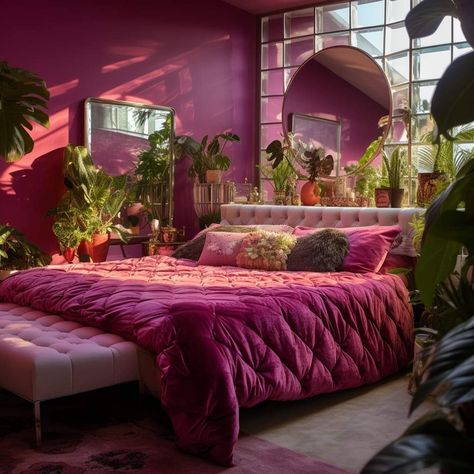 Magenta Boho Bedroom, Magenta Room Aesthetic, Magenta Bedroom, Magenta Bedrooms, Hot Pink Bedrooms, Green Bedroom Decor, Pink Bedroom Design, Colorful Room, Whimsical Bedroom