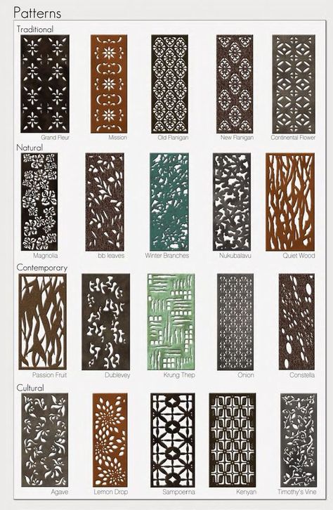 20 Parasoleil patterns in several finishes for aluminum, copper, wood, & steel: Laser Cut Screens, Laser Cut Panels, Copper Wood, Fence Art, Fence Lighting, Modern Fence, Metal Screen, Laser Cut Metal, Decorative Screens