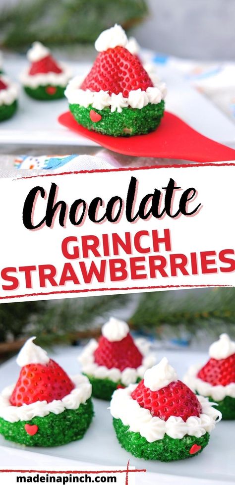 These Grinch strawberries are a healthy (and adorable!) holiday fruit idea. Designed to look like Grinch hats, you only need a few simple ingredients to create a festive and fun treat for the kid in all of us! #Christmas #Grinch #strawberries Grinch Strawberries, Grinch Chocolate, Grinch Fruit, Grinch Snack, Candy Strawberries, Grinch Candy, Strawberry Santa Hats, Strawberry Santa, Grinch Kabobs