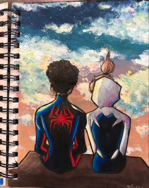 Miles Morales Sketchbook Gwen, Gwen And Spiderman Drawing, Miles Morales Drawing Reference, Spiderman And Gwen Painting, Gwen And Miles Sketch, Miles And Gwen Drawing Easy, Miles And Gwen Sketch, Spider Man And Gwen Drawing, Spiderman And Spider Gwen Drawing