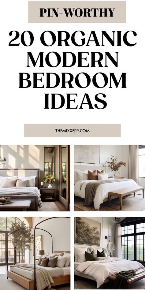 Discover the soothing charm of an organic modern bedroom with our curated collection of decor inspiration. Embrace simplicity and create a serene space that exudes natural elegance. From earthy color palettes to minimalist furniture, find ideas that will transform your bedroom into a tranquil haven. Explore the fusion of clean lines, natural textures, and simple aesthetics to achieve a truly organic modern look. Let nature's beauty infuse your sleeping oasis and experience the perfect blend of c Transitional Bedroom With Color, Grey Organic Modern Bedroom, Master Bedrooms Decor Modern 2024, Modern Oasis Bedroom, Modern Traditional Guest Bedroom, Bedroom Designer Ideas, Primary Bedroom Minimalist, Modern Organic Bedroom Design, Natural Bedding Ideas Bedrooms