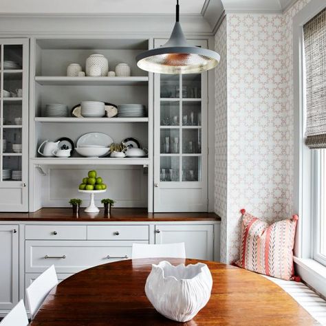 Modern Breakfast Nook, Timeless Wallpaper, Banquette Cushions, Upholstered Banquette, Banquet Seating, Nook Table, Kitchen Breakfast Nooks, Breakfast Nooks, Cozy Breakfast Nook