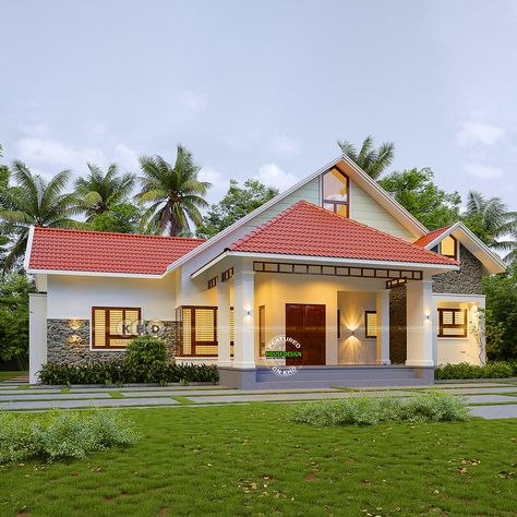 3-Bedroom House with Basalt Rock Elevation - Nature-Inspired Home Design House Elevations Single Floor, Single Floor House Design 3 Bedroom, Kerala Slope Roof House Design, Kerala House Design Single Floor, 3bedroom House Plans Modern Single Floor, Home Front Elevation Design, Front Elevation Designs Modern, Home Front Elevation, Single Floor House Design