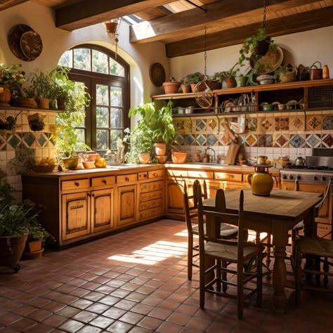 Tan House Interior Design, Spanish Villa Decor Interior Design, Mediterranean House Inspiration, New Mexican Home, Mediterranean Home Decor Kitchen, Kitchen Interior Old Style, Home Interior Design Spanish, Spanish Style Studio Apartment, Spanish Architecture Hacienda Style Kitchen