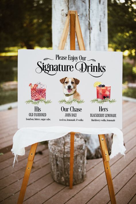 2nd Wedding Ideas, Personal Wedding Touches, Wedding Cocktail Hour Ideas, Fun Wedding Ideas Unique, Nontraditional Wedding Ideas, Simple Fall Wedding, Backyard Wedding Bar, Signature Wedding Drinks Sign, Signature Drink Sign