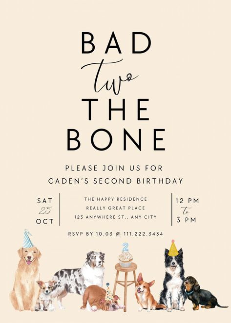 Bad TWO The Bone!! Do you have a puppy loving two year old?? What better theme than Bad 2 The Bone! Cutest Editable Dog Theme 2nd birthday party invite.  Both easy to use and customizable! This invitation can be customized to fit your specific needs, and it's also easy to use. Just add your text, and you're ready to go! PLEASE click the "Use Template For New Design" option. Do not edit the original template file WHAT'S INCLUDED ? This is a digital download listing. No physical product will be ma Bad Two The Bone, Second Birthday Boys, Dog Themed Birthday Party, 2nd Birthday Party For Boys, Dog Themed Parties, 2nd Birthday Boys, Puppy Birthday Parties, Baby Birthday Themes, Second Birthday Ideas