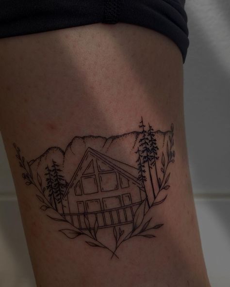 Folklore Cabin Tattoo, A Frame Cabin Tattoo, Cabin Tattoo Design, Cabin In The Woods Tattoo, Log Cabin Tattoo, Log Tattoo, Cabin Tattoo, Alaska Tattoo, Wood Tattoo