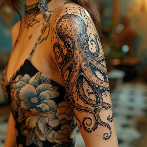 Octopus Shoulder Tattoo For Women, Japanese Octopus Tattoo Sleeve, Shoulder Octopus Tattoo, Pirate Octopus Tattoo, Octopus Tattoos Shoulder, Octopus Shoulder Tattoo, Octopus Thigh Tattoos, Tentacle Tattoo, Keyhole Tattoo