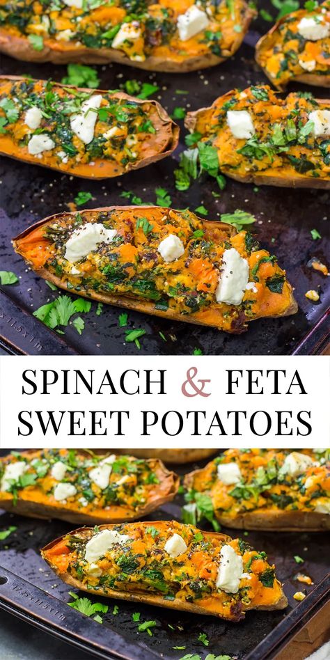 These Spinach and Feta Stuffed Sweet Potatoes are flavorful and easy. They're a great side dish when you want to mix things up a bit! Sweet Potato Snacks, Stuffed Sweet Potato, Sweet Potato Recipes Healthy, Sweet Potato Recipes Baked, Twice Baked Sweet Potatoes, Stuffed Sweet Potatoes, Sweet Potato Recipes Casserole, Loaded Sweet Potato, Sweet Potato Spinach