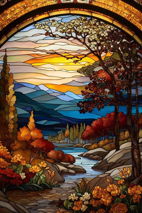 Faux stained glass window of autumn scenery Glass Art Ideas, Faux Stained Glass Window, Stain Glass Window Art, Simple Oil Painting, Glass Painting Patterns, Stained Glass Quilt, Glass Window Art, Tiffany Stained Glass, Iphone Wallpaper Hd Nature